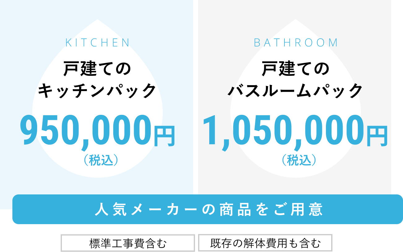 戸建てのキッチンパック950,000円（税込）・戸建てのバスルームパック1,050,000円（税込）